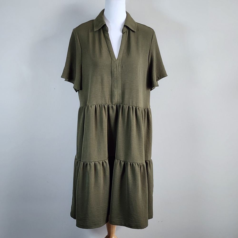 Tahari Olive Green Tiered Mini Dress